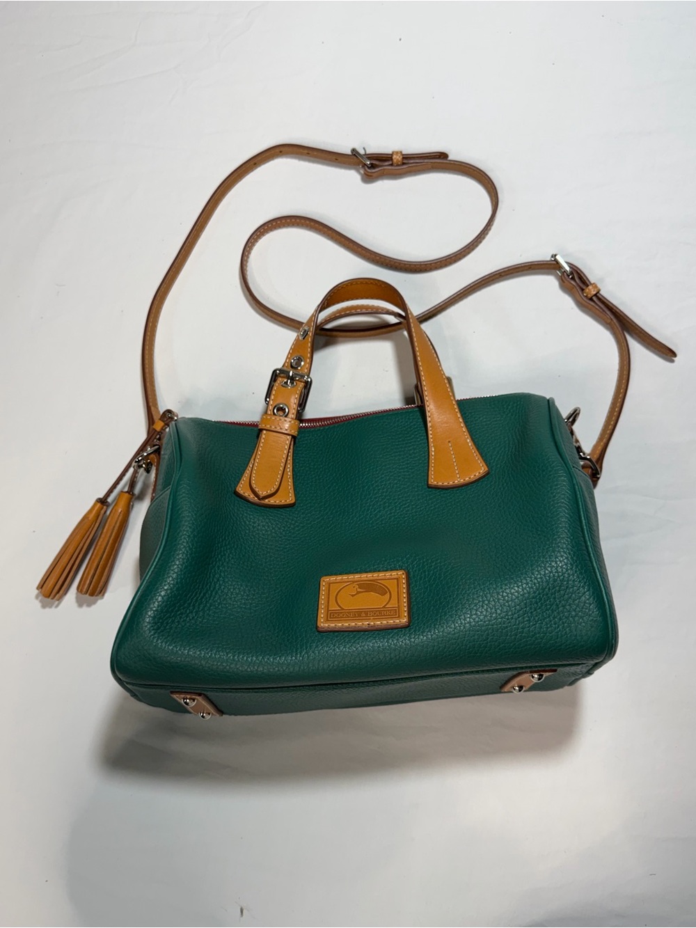 Dooney & Bourke Green Pebble Leather Satchel with Tan Trim